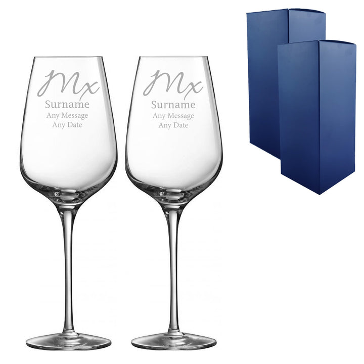 Engraved Mx and Mx Gender Neutral Wedding Wine Glass Set