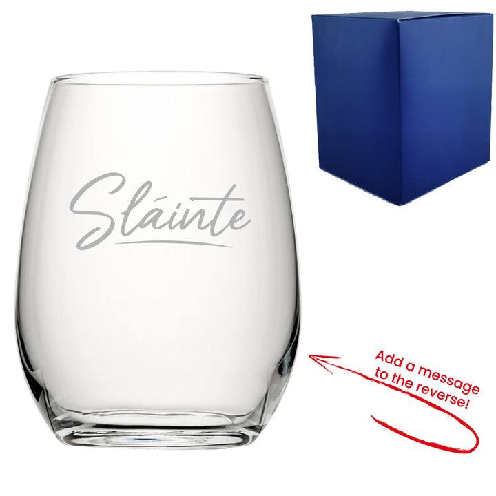 Personalised Slainte Stemless Wine Glass