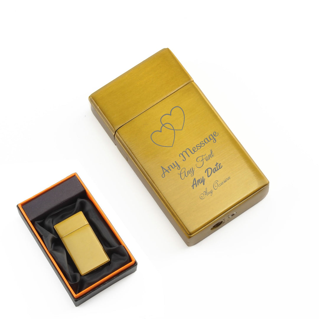Personalised Gold Jet Gas Lighter with Overlapping Hearts