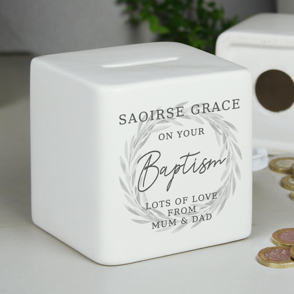 Personalised Wreath Ceramic Square Money Box