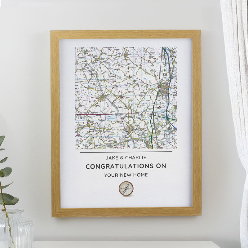 Personalised Present Day Map Compass Oak Poster Frame