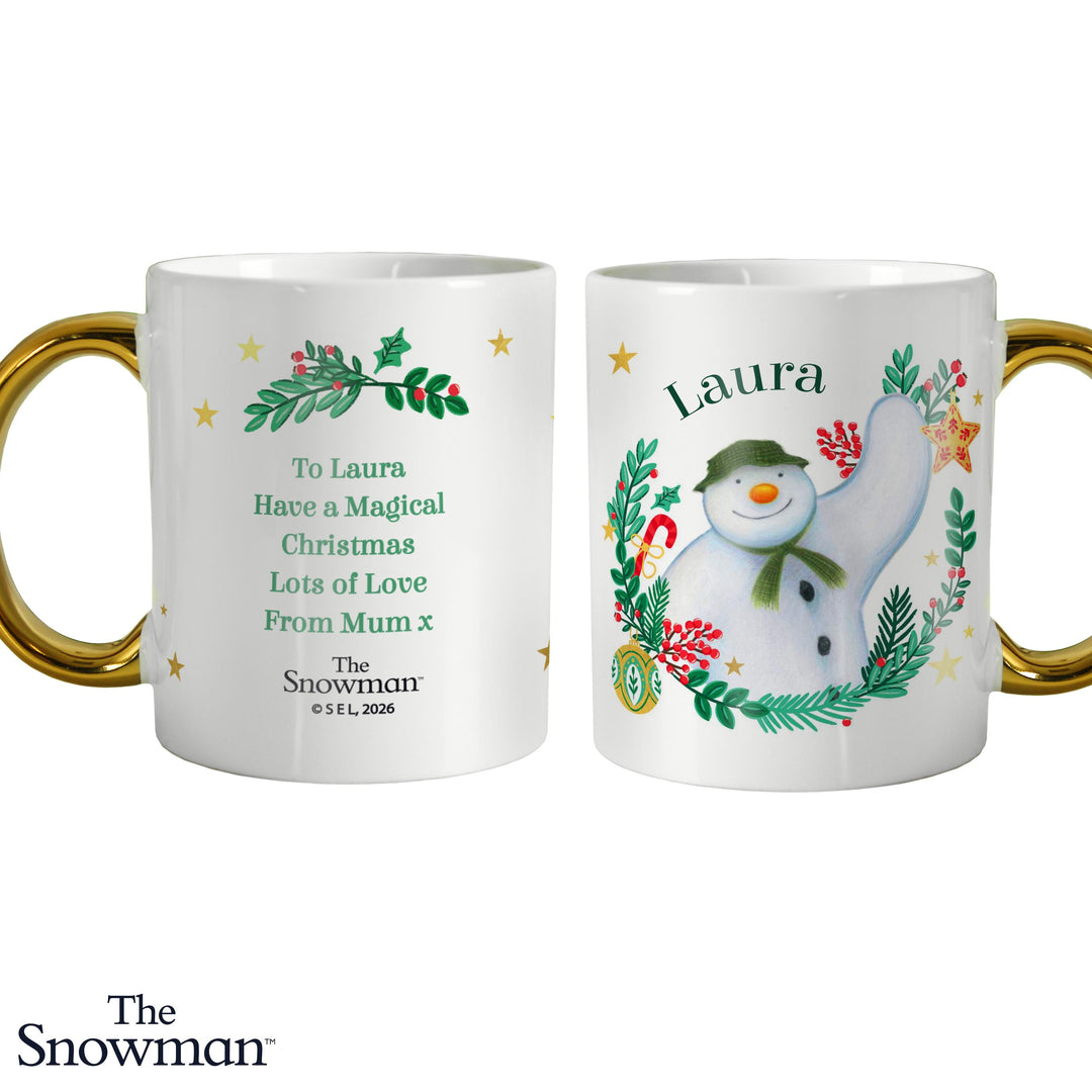 Personalised The Snowman Gold Handle Christmas Wishes Mug