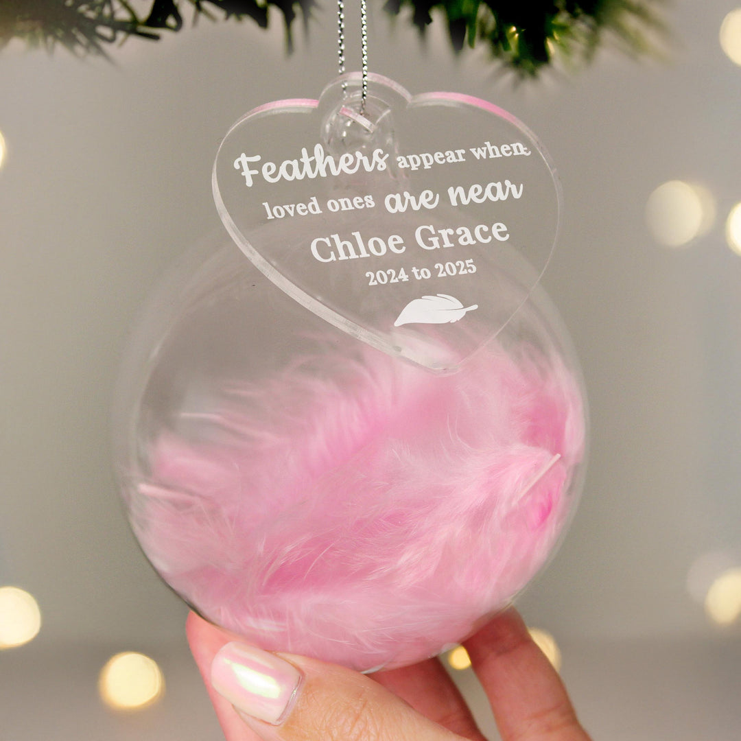 Personalised Pink Memorial Feather Bauble – alternative view