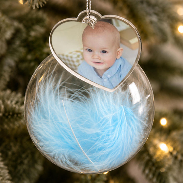 Personalised Photo Glass Bauble with Blue Feather, The Personal Shop, personalised gifts