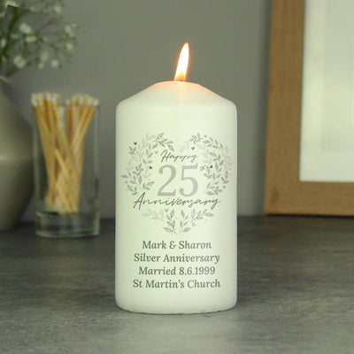 Personalised 25th Silver Wedding Anniversary Pillar Candle