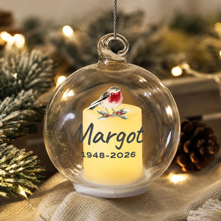 Personalised Robin Memorial LED Candle Glass Bauble, The Personal Shop, personalised gifts