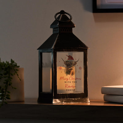 Personalised Highland Cow Christmas LED Lantern