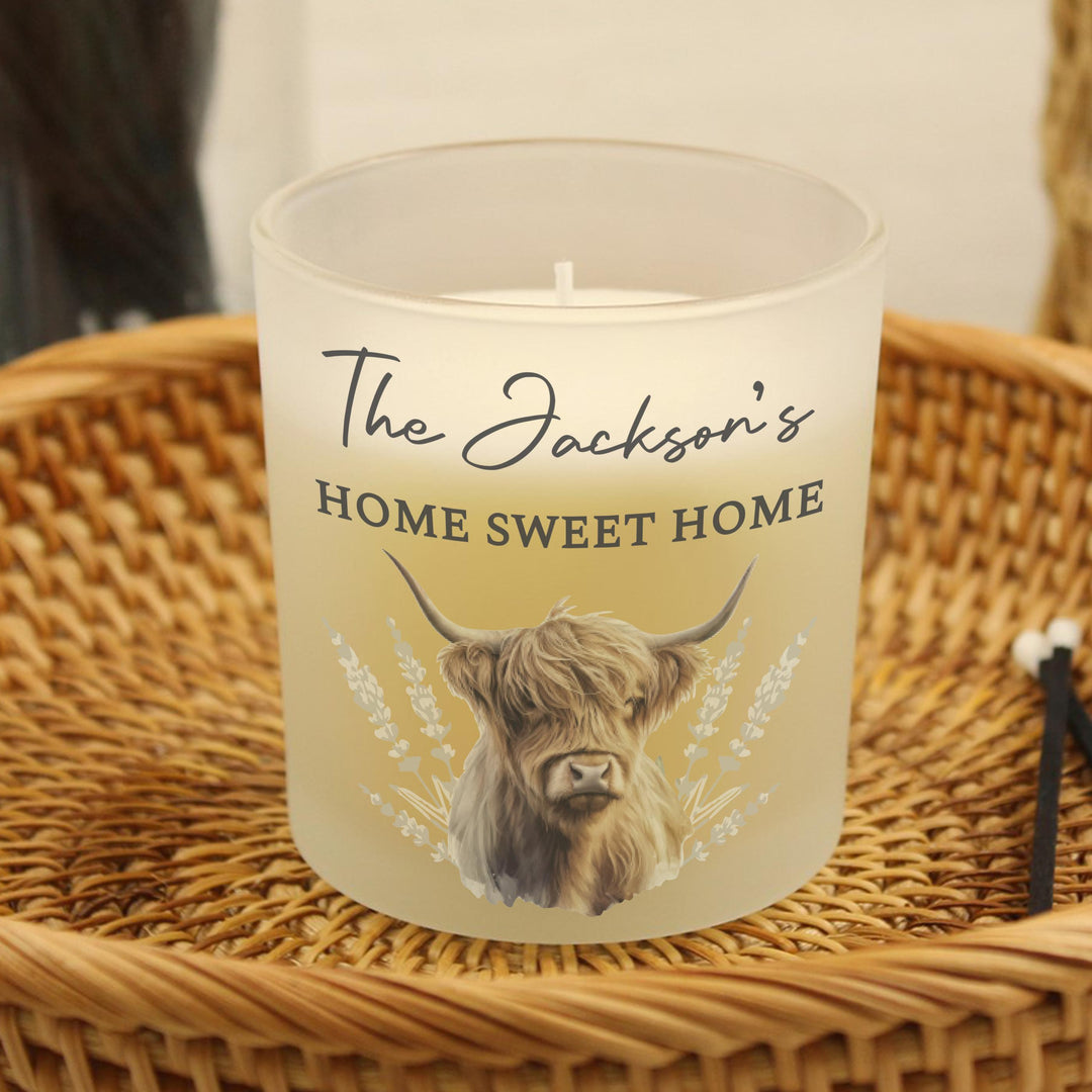 Personalised Highland Cow Frosted Glass Candle, The Personal Shop, personalised gifts