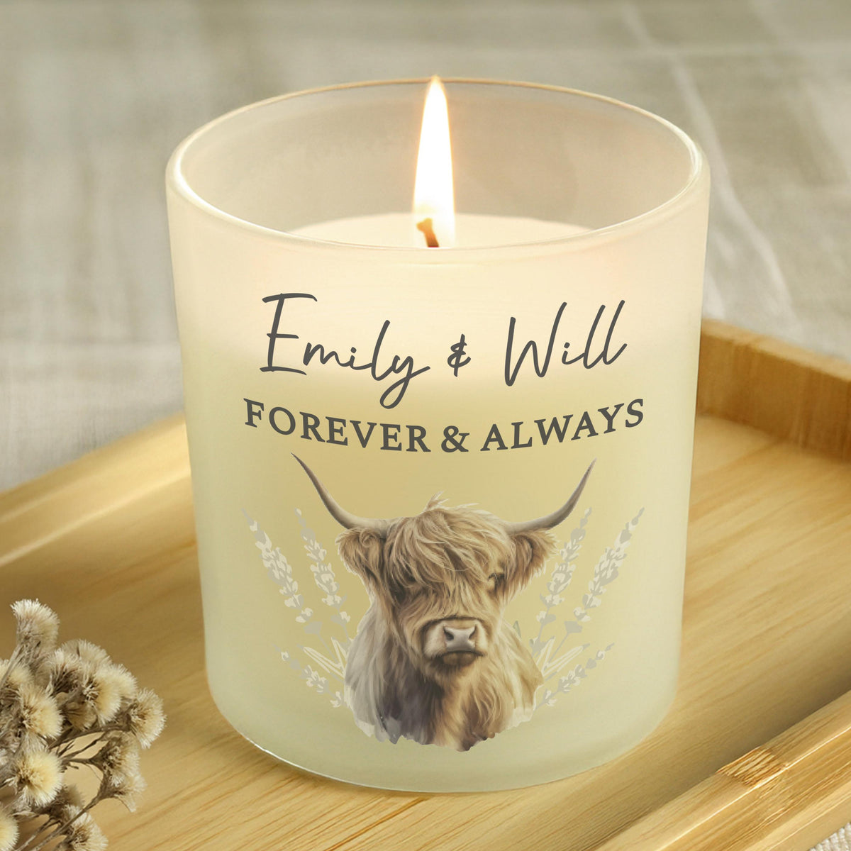 Personalised Highland Cow Frosted Glass Candle, The Personal Shop, personalised gifts