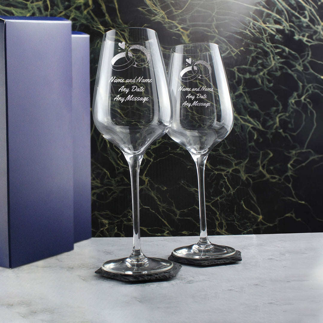 Personalised Wedding Rings Crystal Wine Glasses Set (450ml)