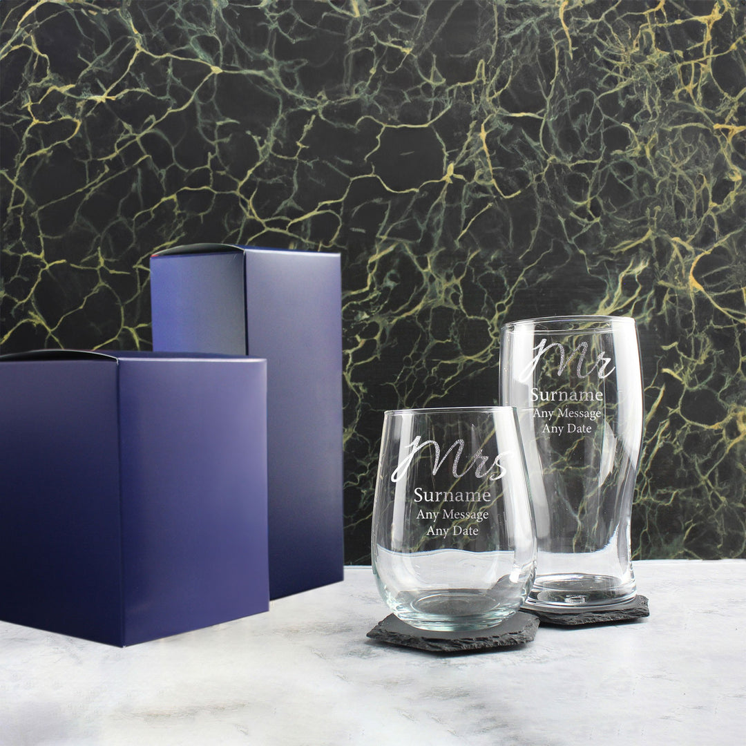 Personalised Mr and Mrs Pint &amp; Stemless Wine Glass Set