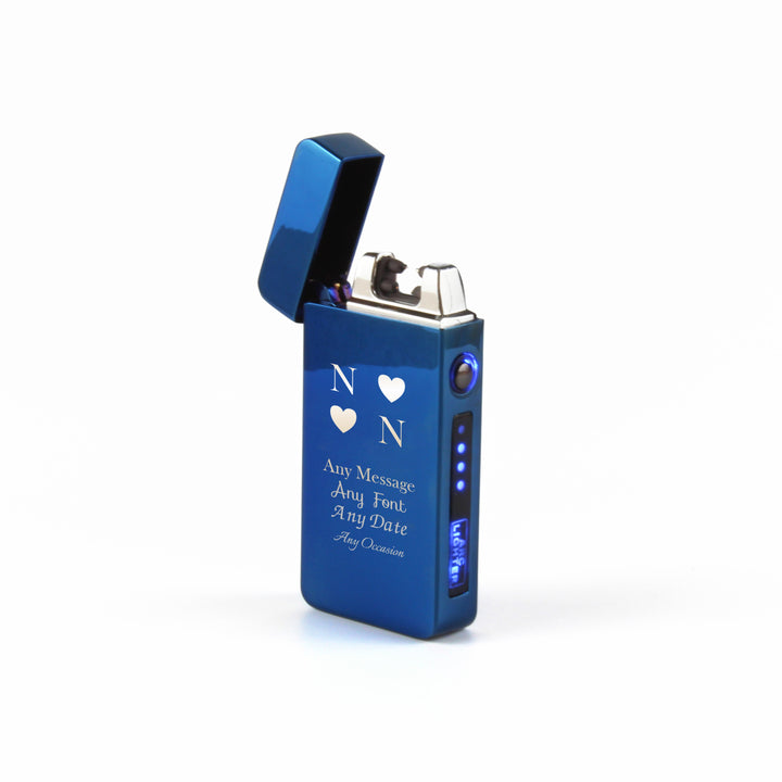 Personalised Blue Electric Arc Lighter with Heart Initials