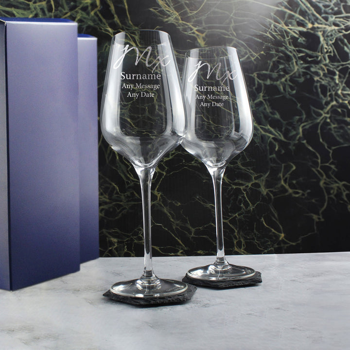 Engraved Mx and Mx Gender Neutral Wedding Wine Glass Set