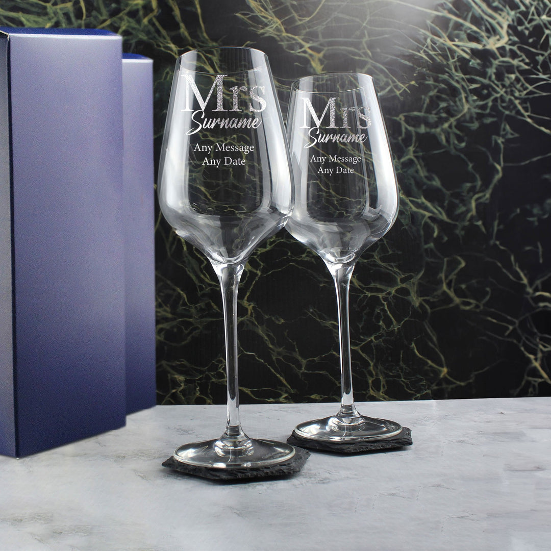 Personalised Mrs &amp; Mrs Engraved Wine Glasses Set (450ml)