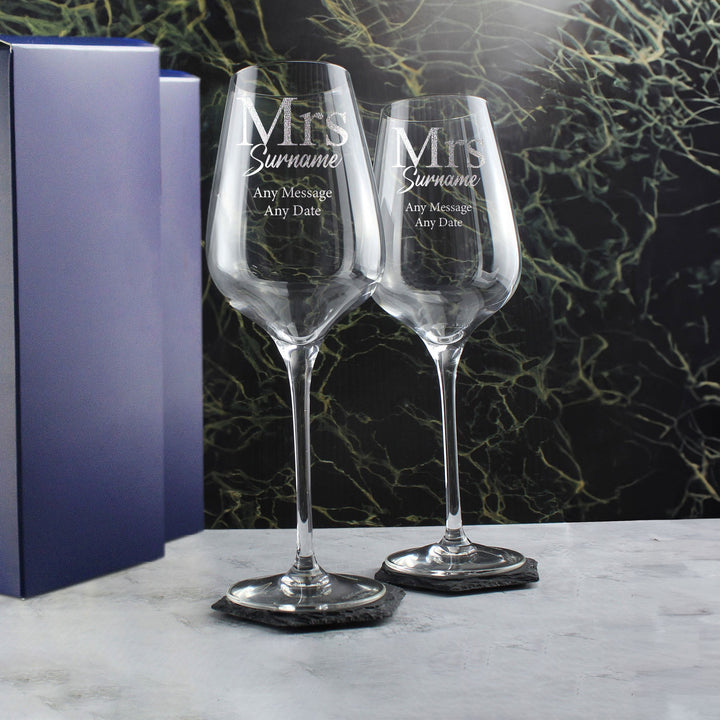 Personalised Mrs &amp; Mrs Engraved Wine Glasses Set (450ml)