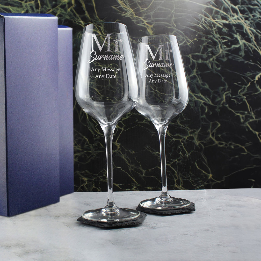 Personalised Mr and Mr Engraved Wine Glass Set