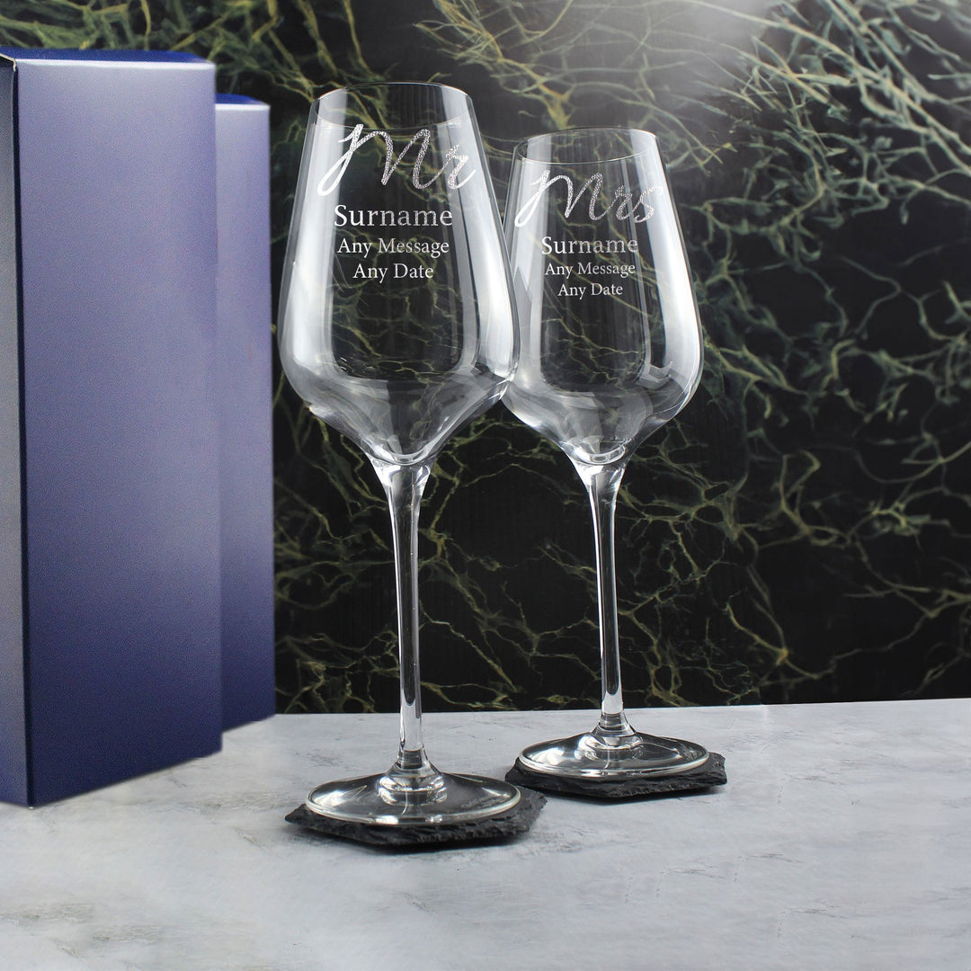 Personalised Mr and Mrs Engraved Crystal Wine Glass Set