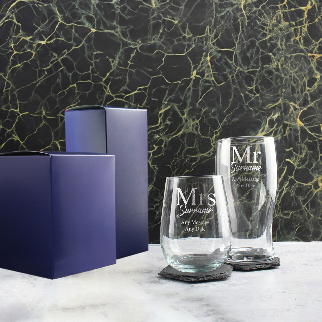 Personalised Mr and Mrs Beer &amp; Stemless Wine Glass Set