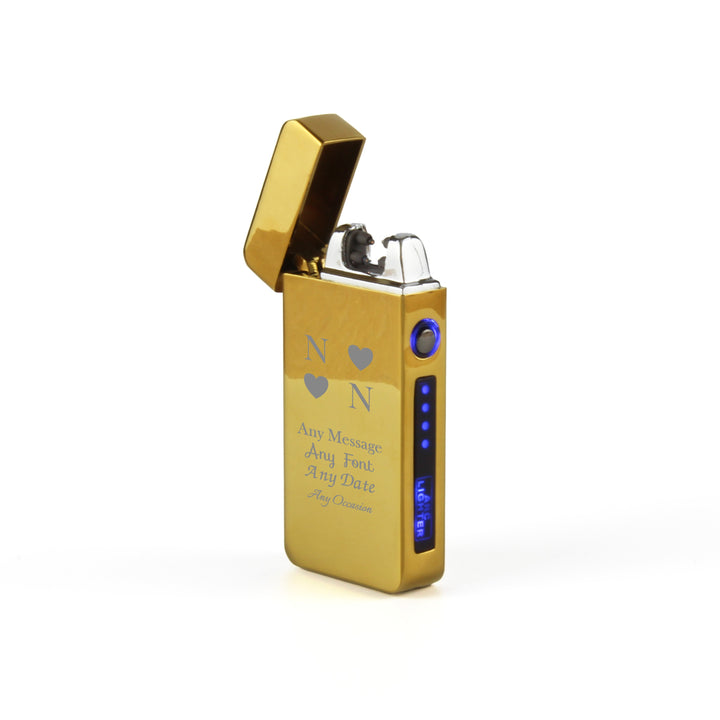 Personalised Gold Electric Arc Lighter with Heart Initials