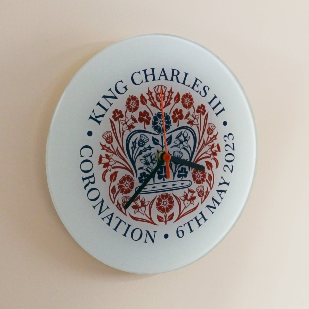 King Charles III Coronation Emblem Glass Wall Clock