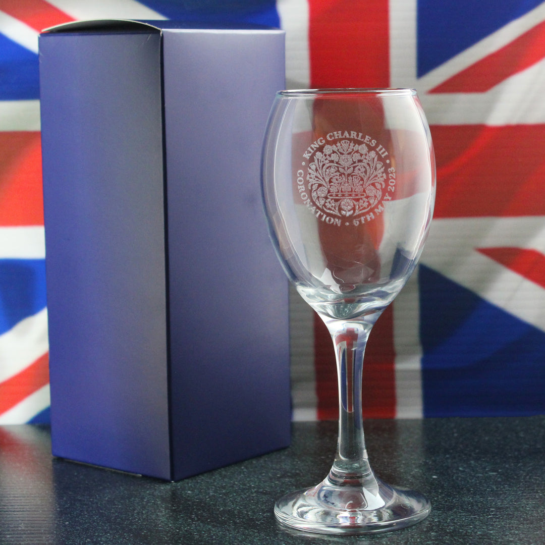 Engraved King Charles III Coronation Emblem White Wine Glass