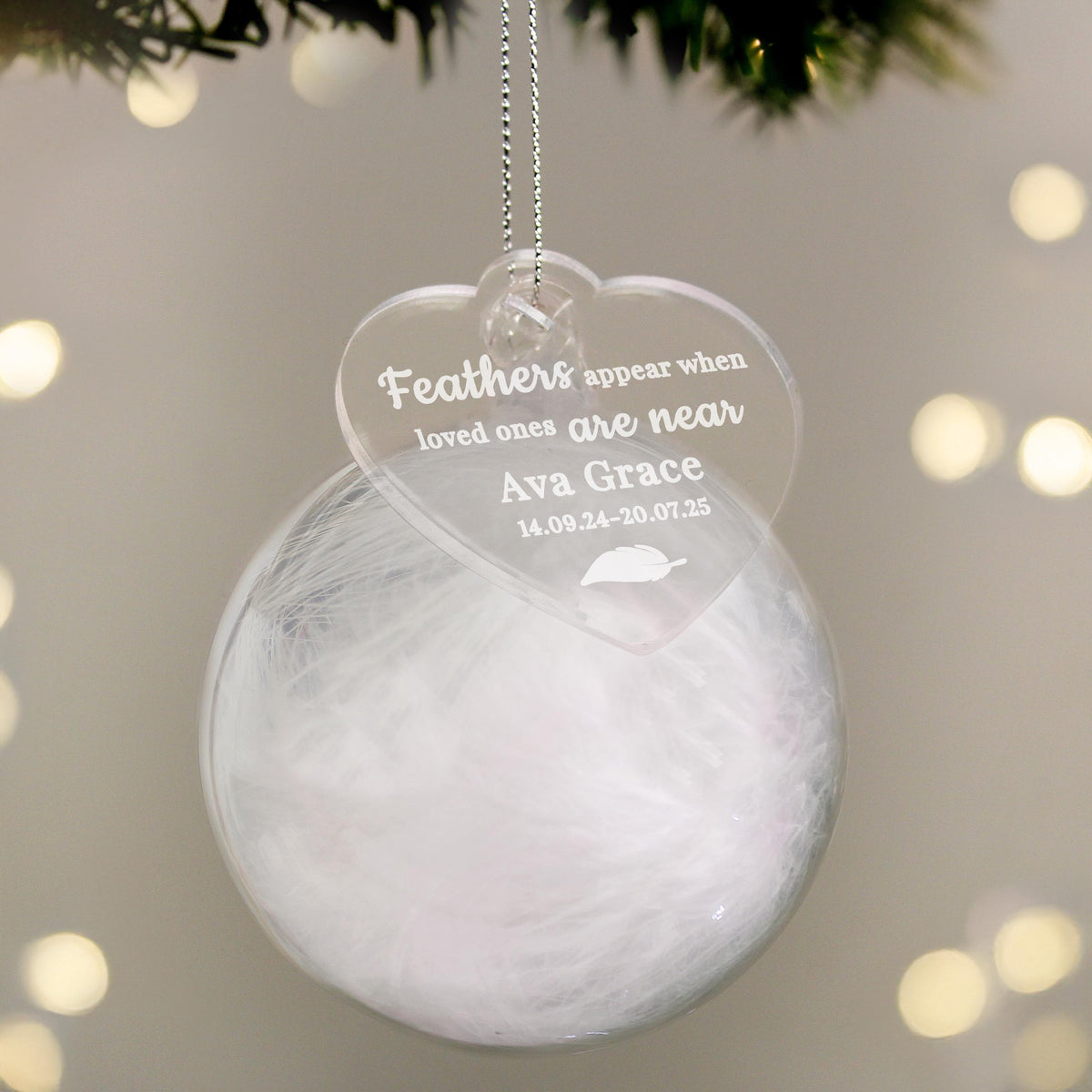Personalised White Memorial Feather Bauble – alternative view