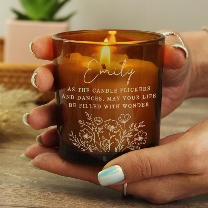 Personalised Wild Flowers Amber Glass Candle