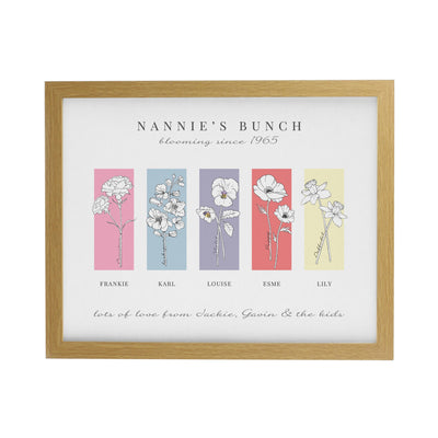 Personalised Birth Flower Family of 5 Oak Framed Print