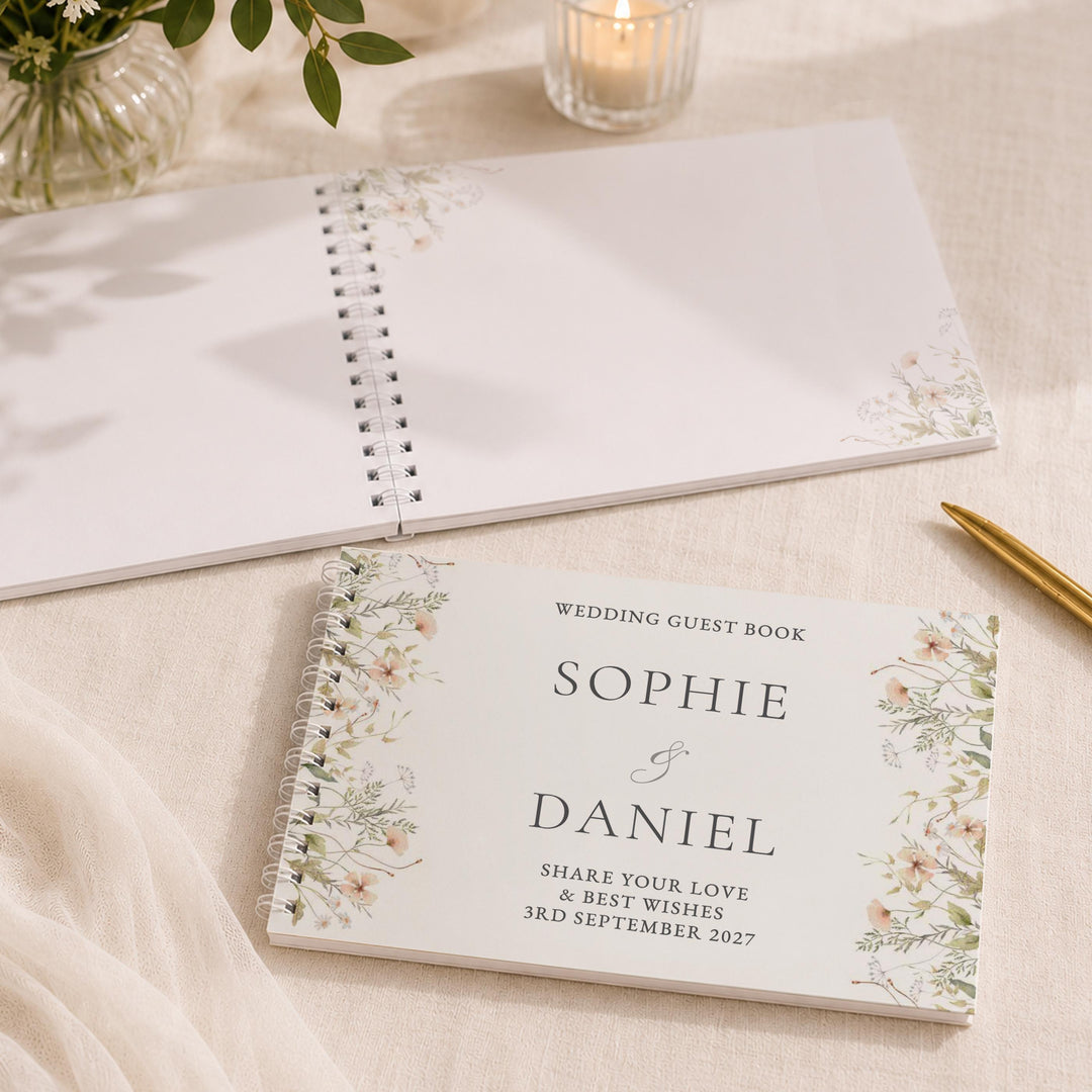 Personalised Peach Wild Flowers Wedding Guest Book, The Personal Shop, personalised gifts