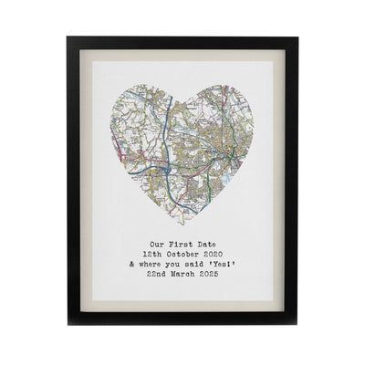 Personalised Present Day Map Heart Black Poster Frame