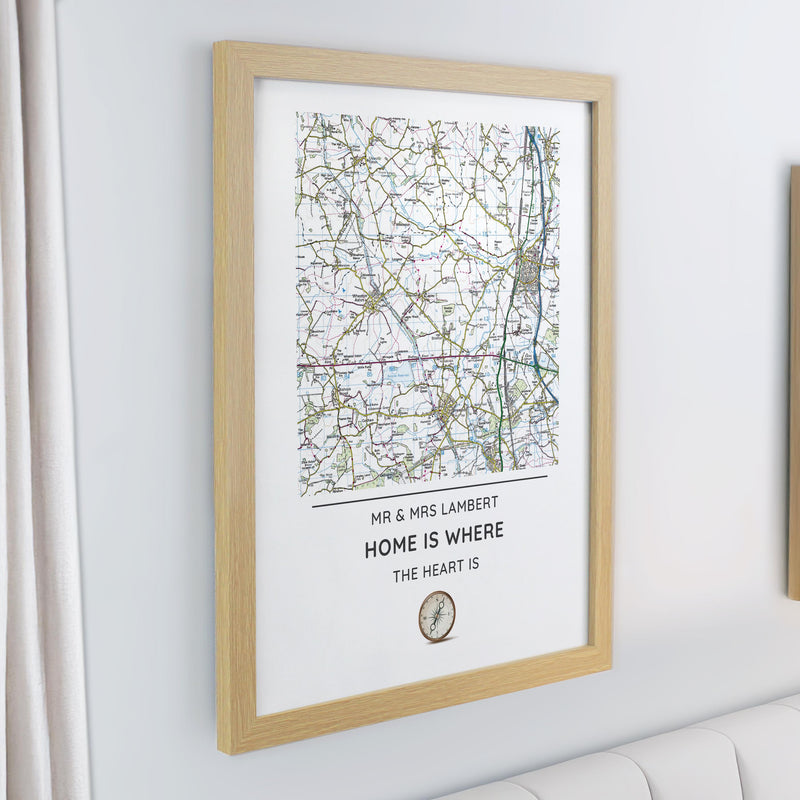 Personalised Present Day Map Compass Oak Poster Frame