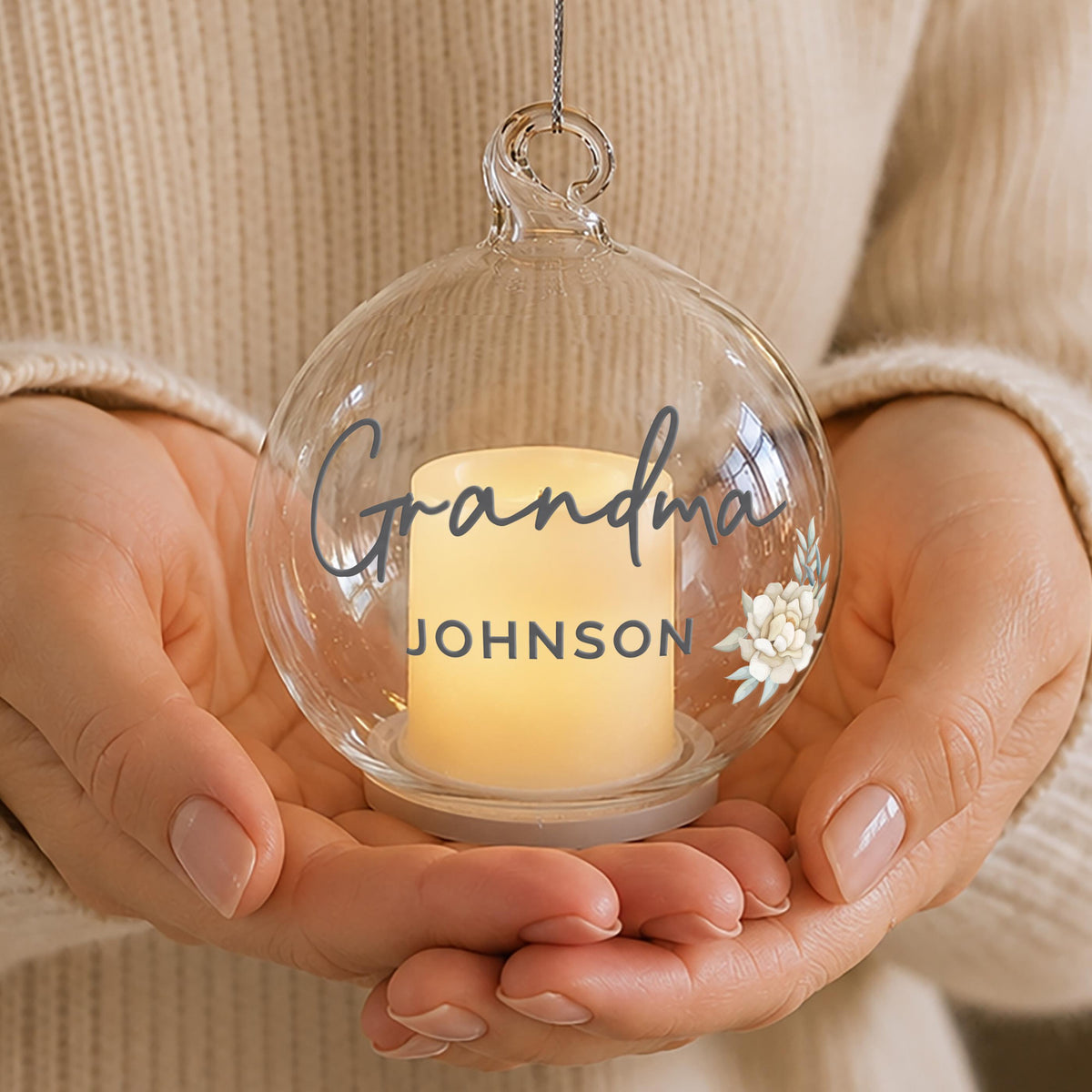 Personalised Floral Memorial LED Candle Glass Bauble, The Personal Shop, personalised gifts