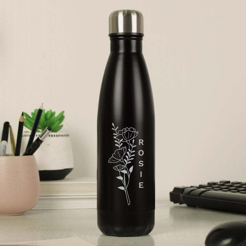 Personalised Floral Black Metal Insulated Drinks Bottle