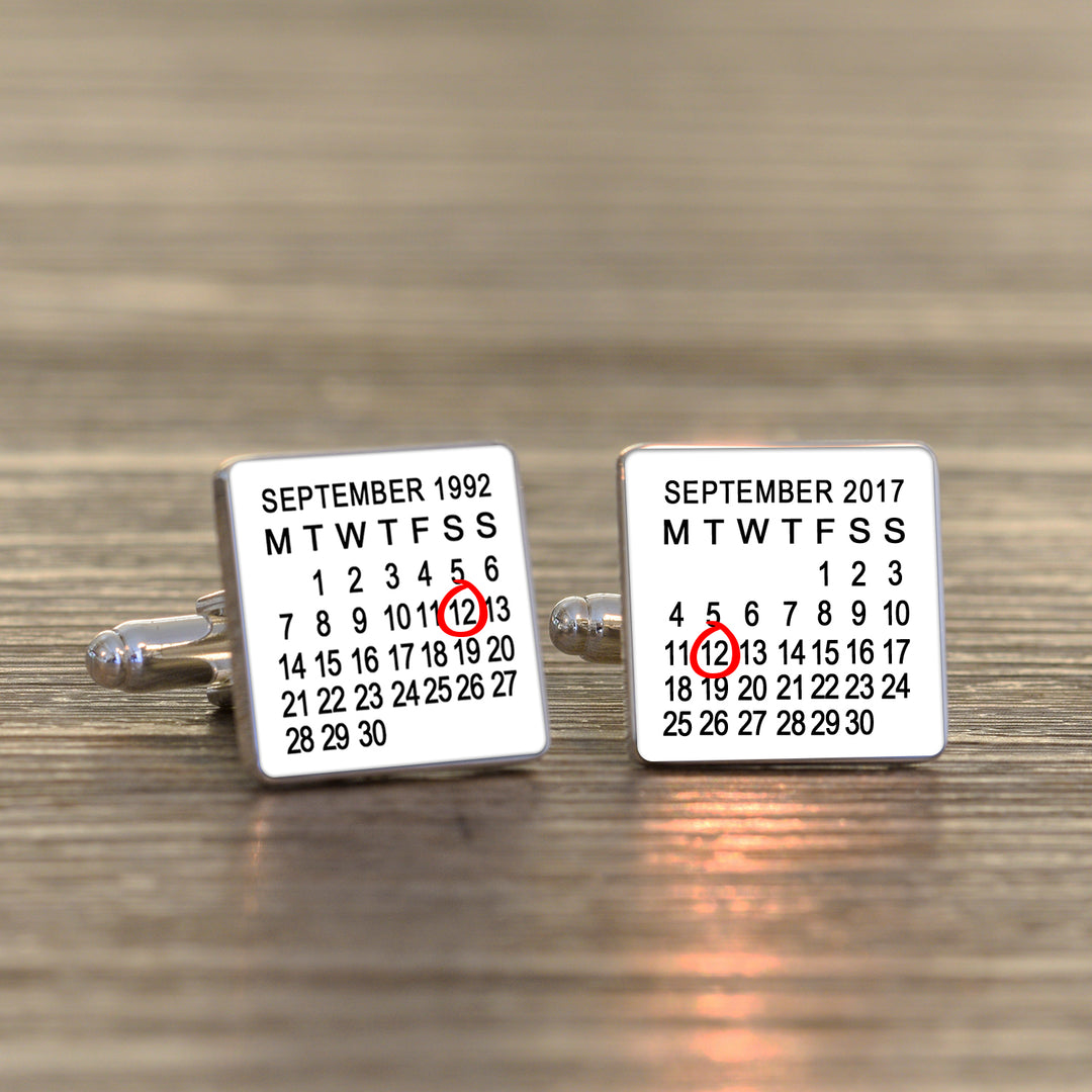 Personalised White Calendar Cufflinks in Silver Finish