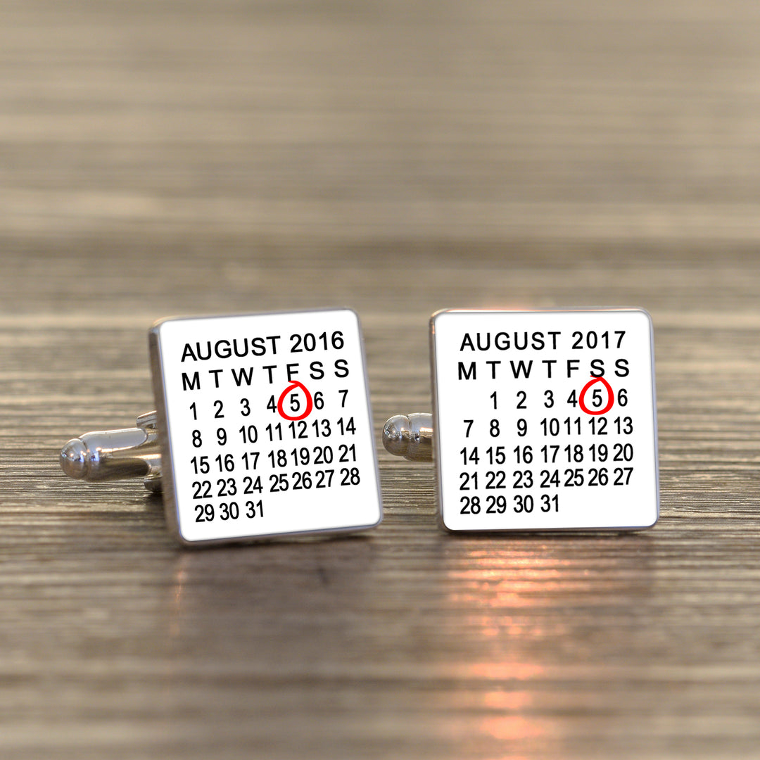 Personalised White Calendar Cufflinks in Silver Finish