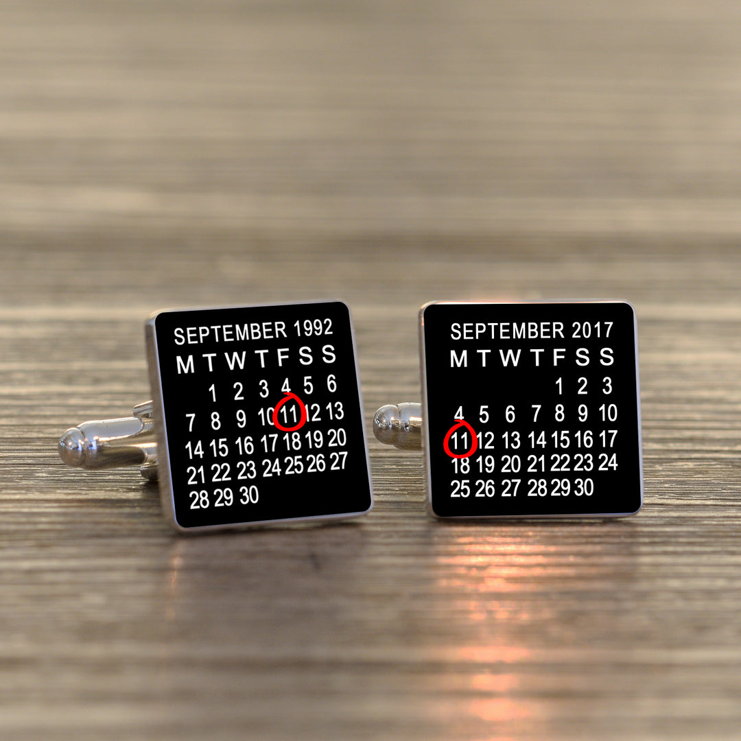 Personalised Black Calendar Cufflinks with Silver Finish