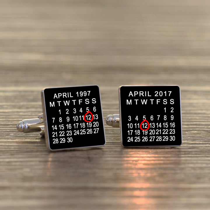 Personalised Black Calendar Cufflinks with Silver Finish