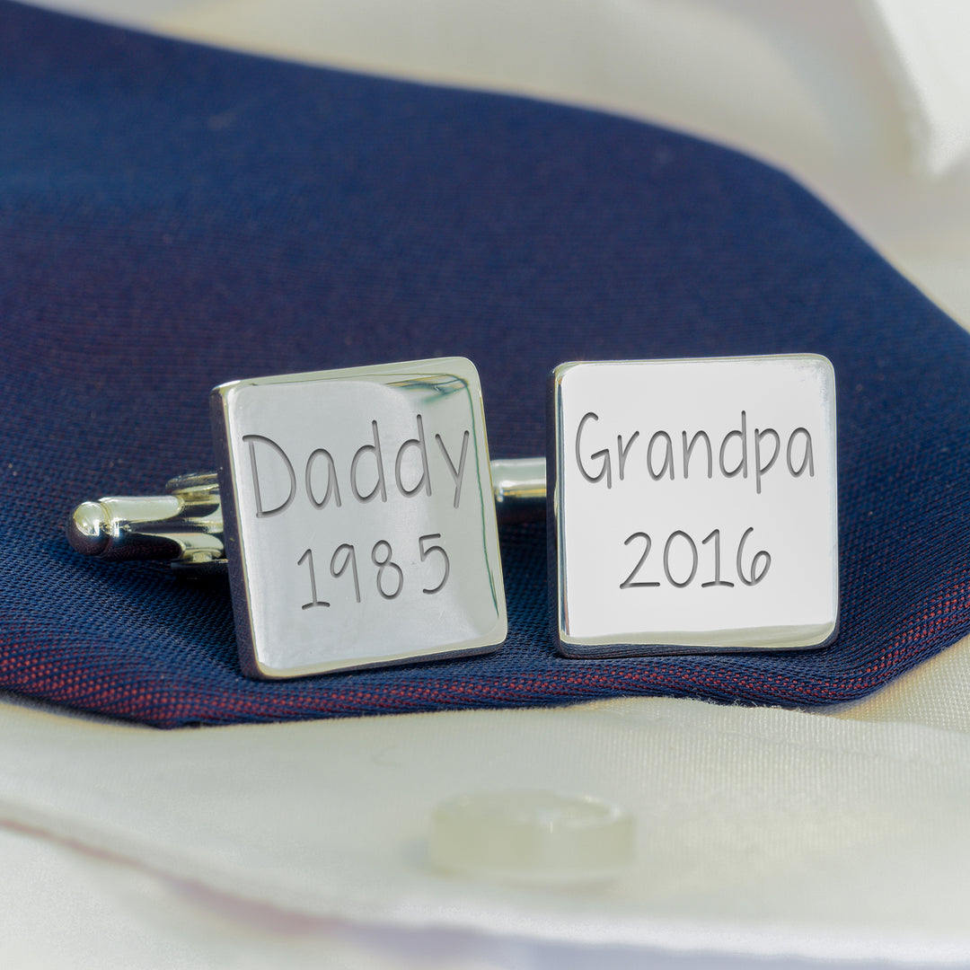 Personalised Name and Year Square Cufflinks (Silver Finish)