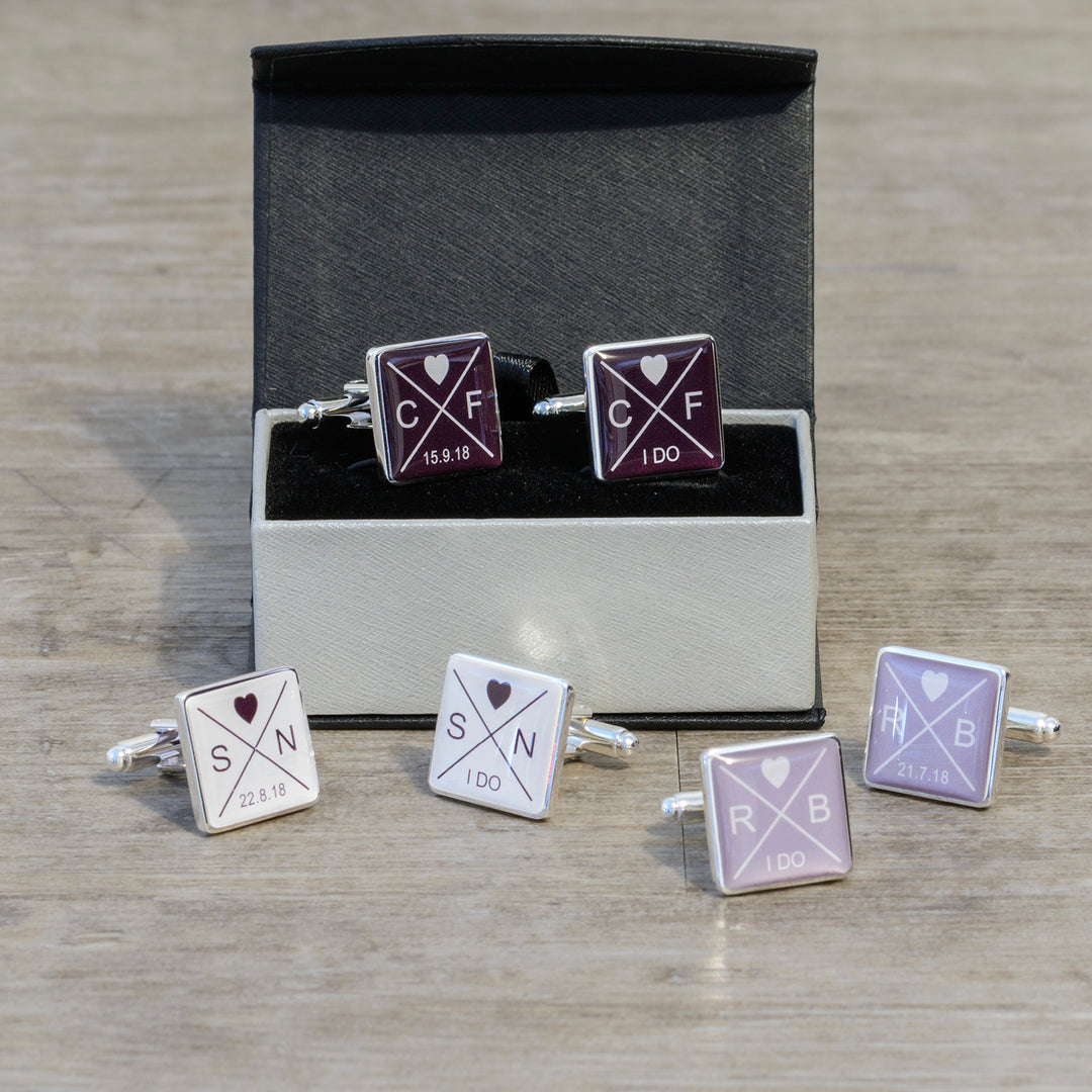Personalised "I Do" Initials &amp; Date Square Cufflinks