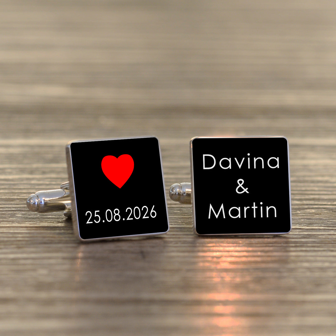 Personalised Names and Date Square Cufflinks - Silver Finish