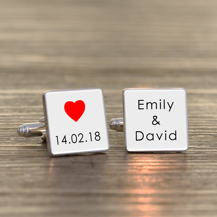 Personalised Names and Date Square Cufflinks - Silver Finish
