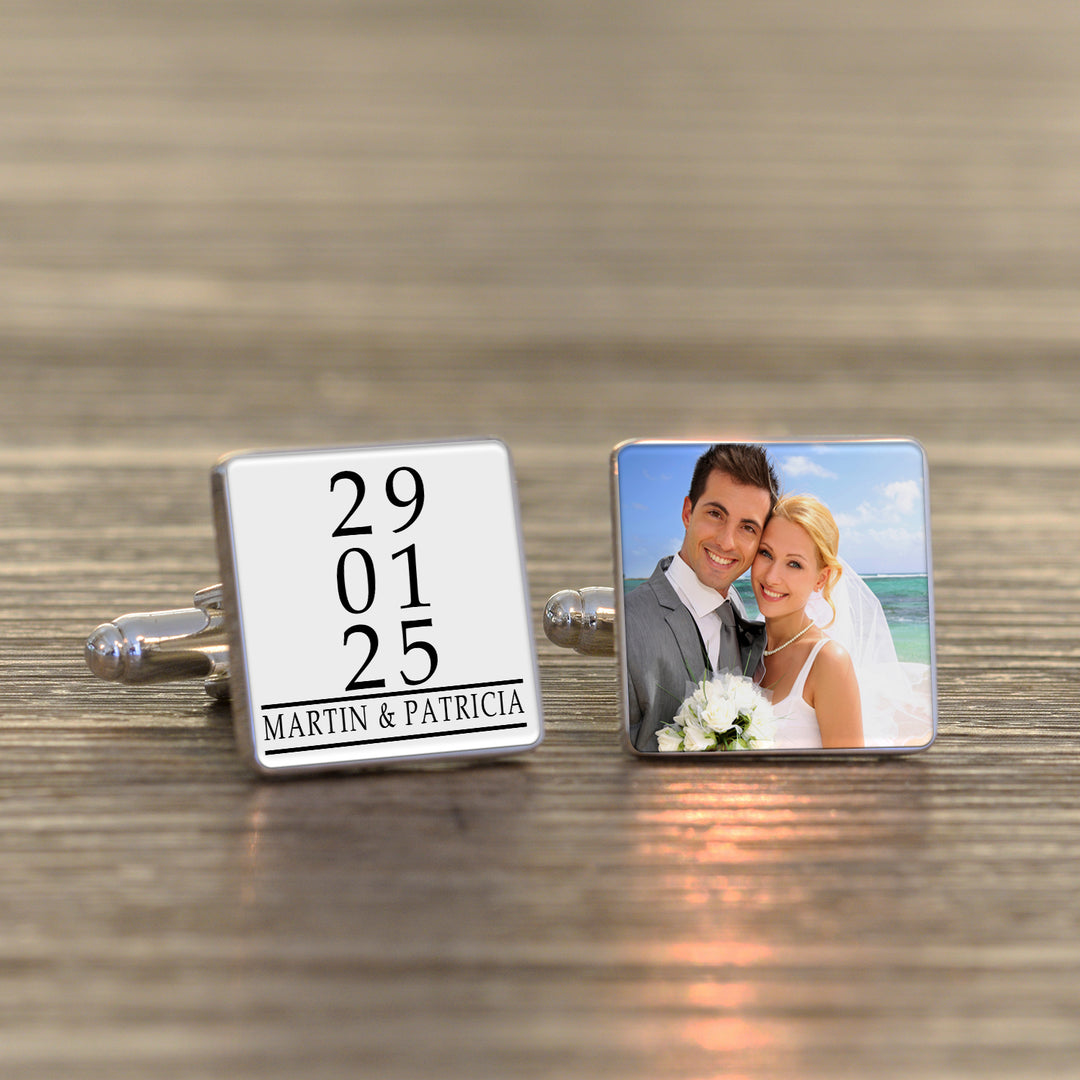 Personalised Photo &amp; Date Square Cufflinks in Silver Finish