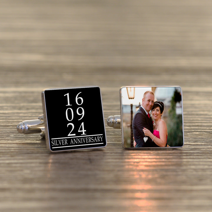Personalised Photo &amp; Date Square Cufflinks in Silver Finish