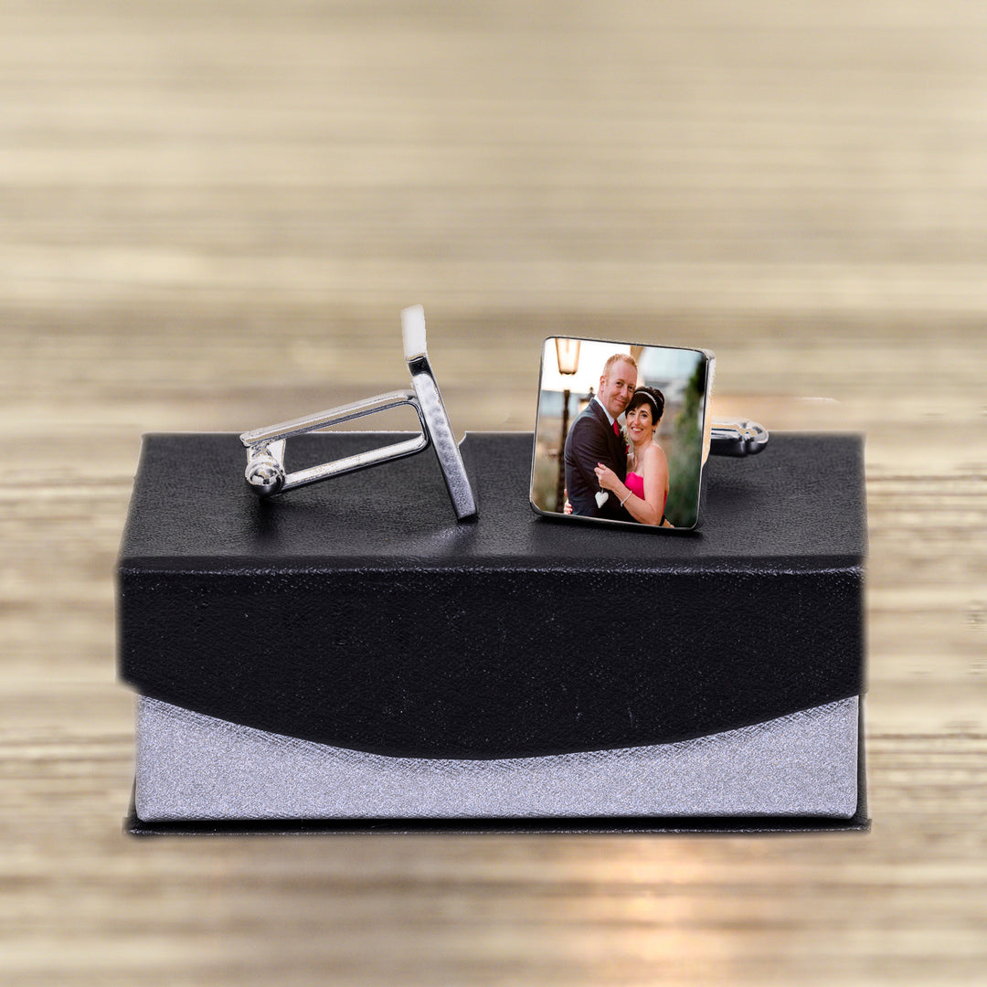Personalised Photo &amp; Date Square Cufflinks in Silver Finish