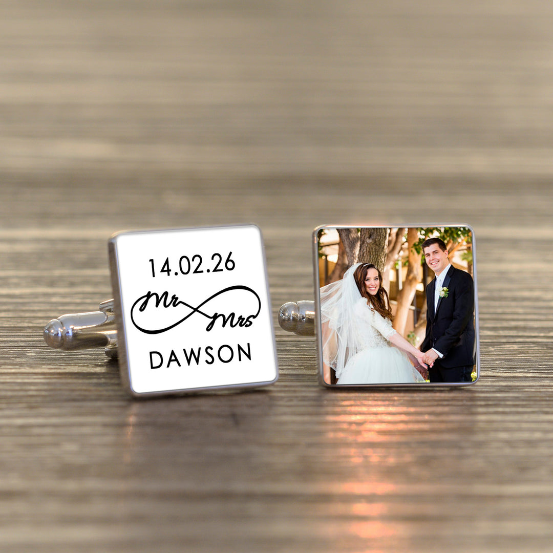 Personalised Mr &amp; Mrs Infinity Photo Upload Cufflinks