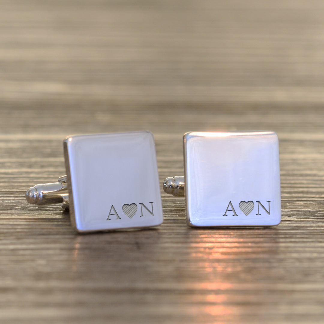 Personalised Initials &amp; Heart Cufflinks in Silver Finish
