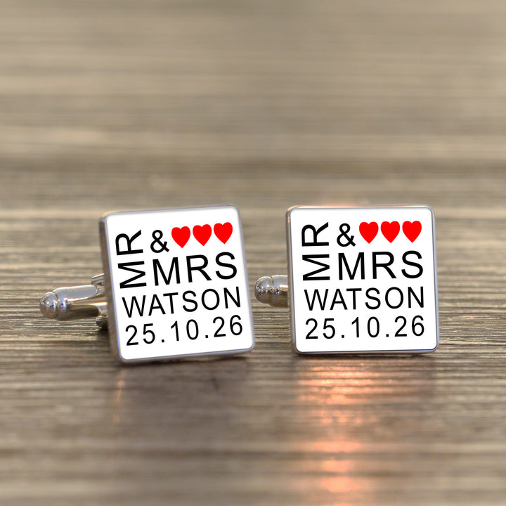 Personalised Mr &amp; Mrs Square Cufflinks with Date &amp; Surname