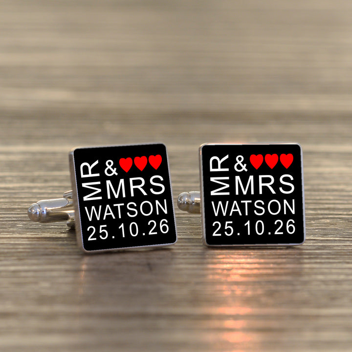 Personalised Mr &amp; Mrs Square Cufflinks with Date &amp; Surname