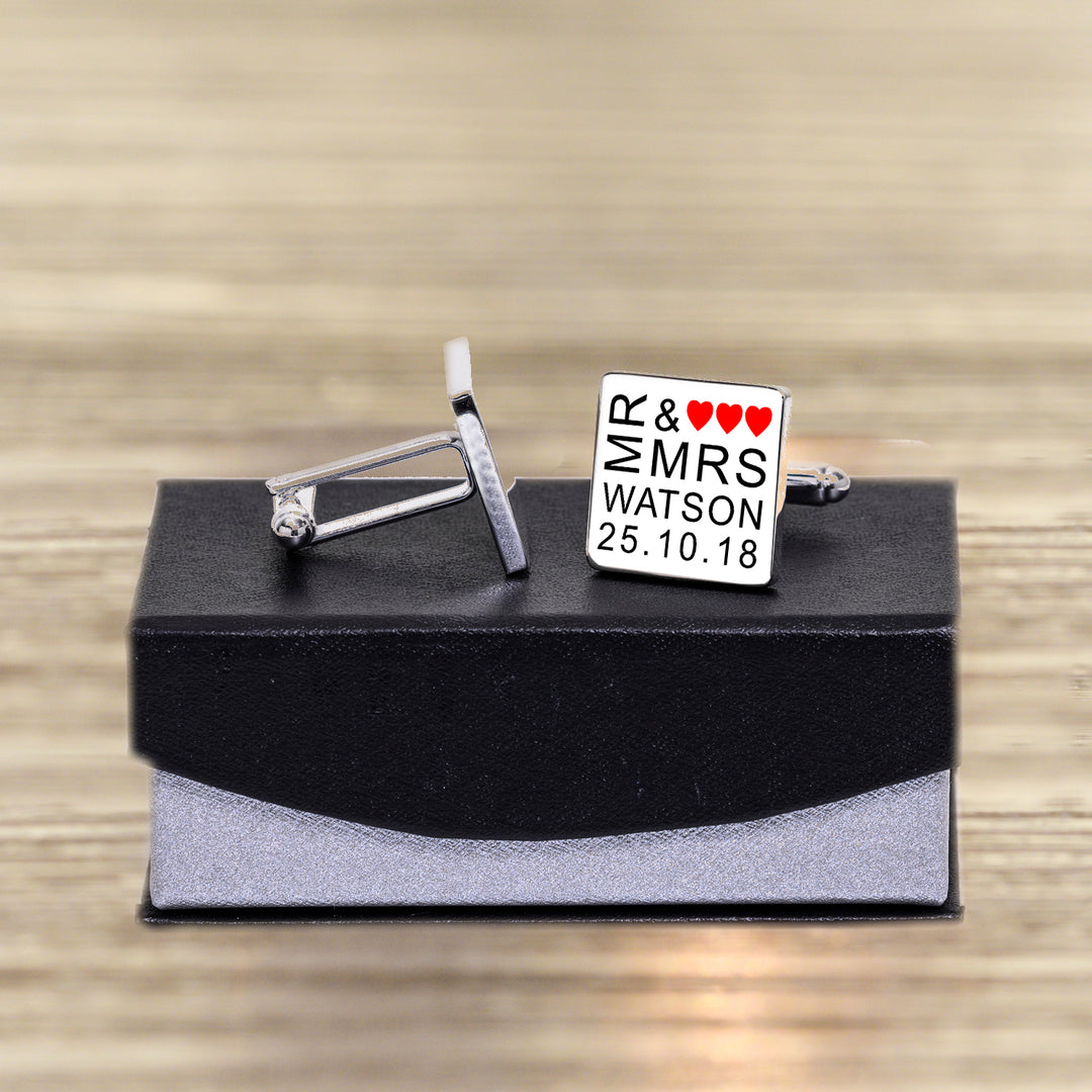Personalised Mr &amp; Mrs Square Cufflinks with Date &amp; Surname
