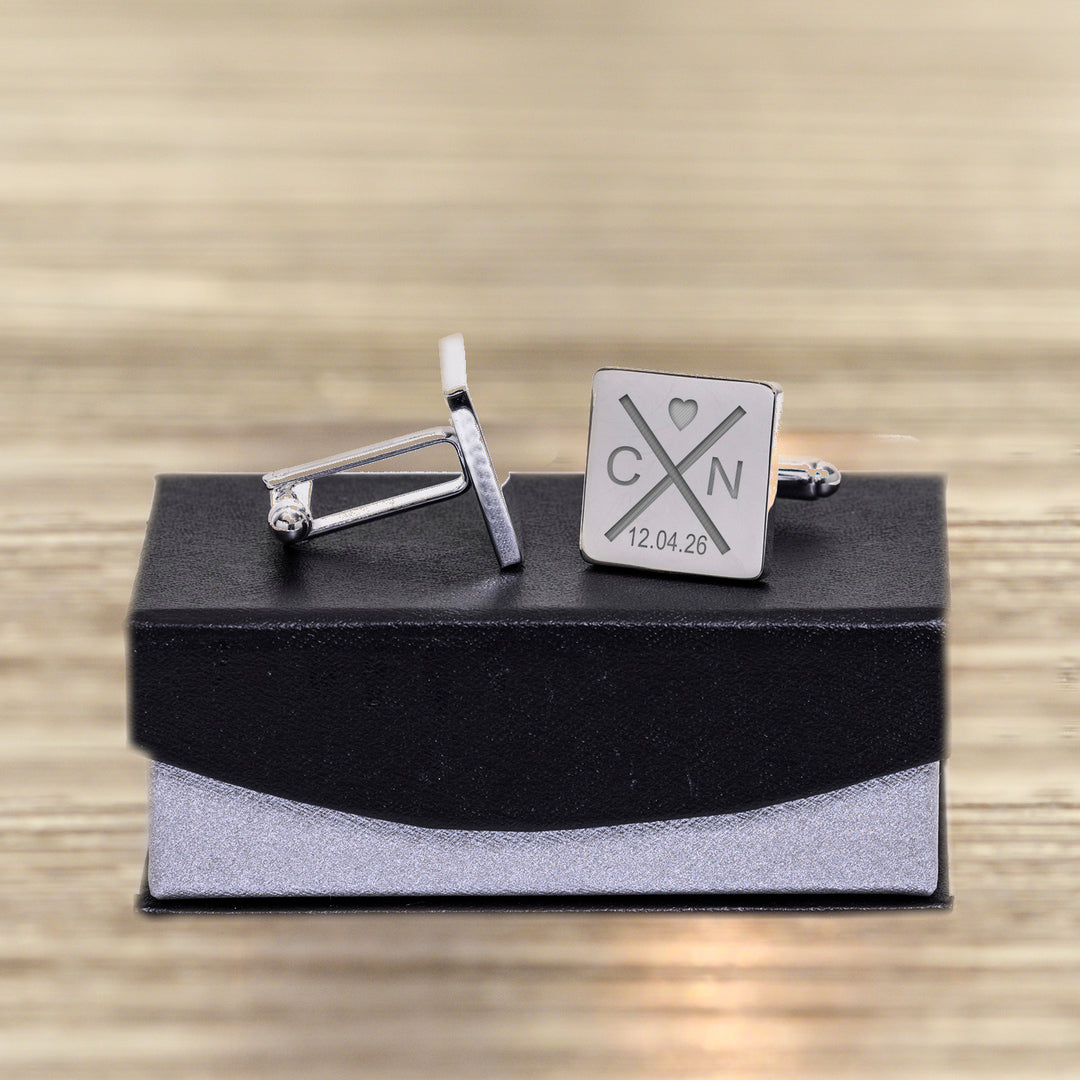 Personalised Initials &amp; Heart Square Cufflinks in Silver Finish